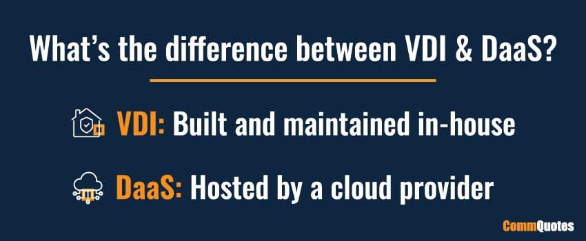 What’s the difference between VDI & DaaS? VDI is built and maintained in-house, while DaaS is hosted by a cloud provider.