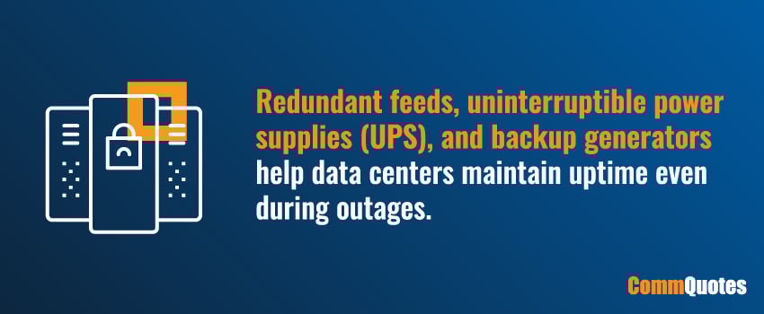 Redundant feeds, uninterruptible power supplies (UPS), and backup generators help data centers maintain uptime even during outages.