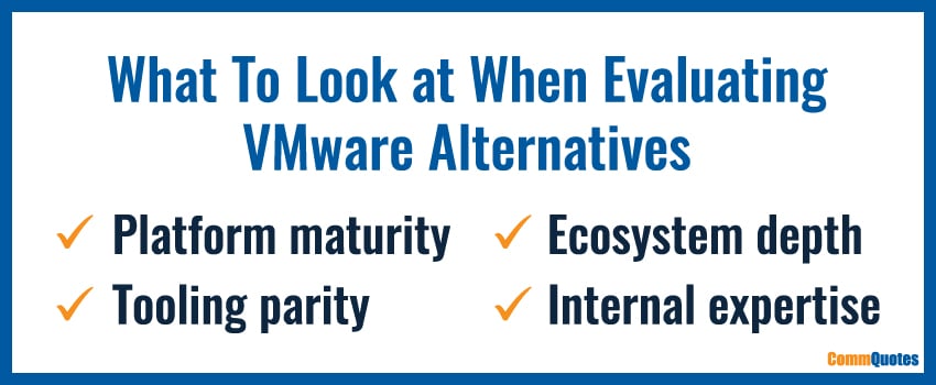 What To Look at When Evaluating VMware Alternatives: Platform maturity, tooling parity, ecosystem depth, and internal expertise.