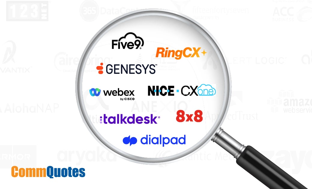 A magnifying glass on a white background. Inside the magnifying glass are logos from major CCaaS providers, including Five9, RingCX, Genesys, Webex, NiCE CX, Talkdesk, 8x8, and Dialpad.